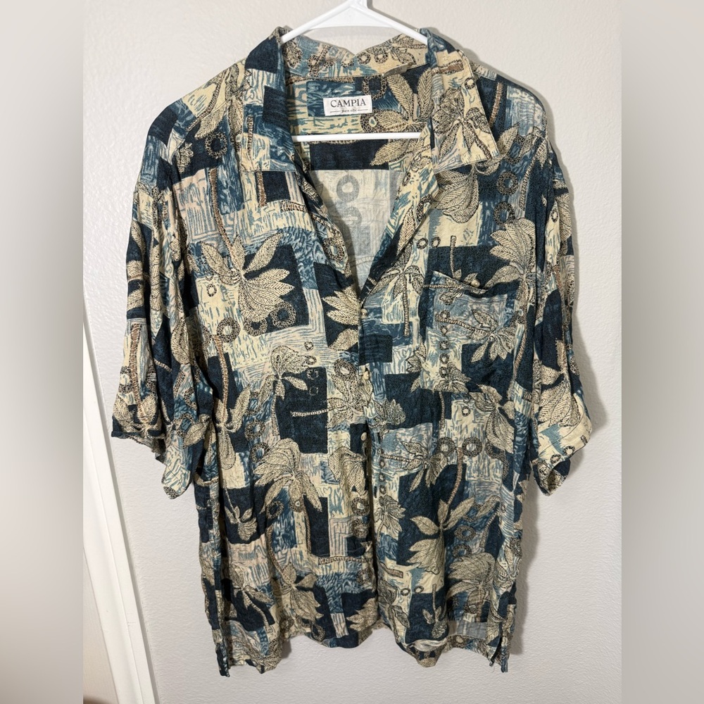 Campia Men's Blue and Beige Patterned‎ Silk Shirt